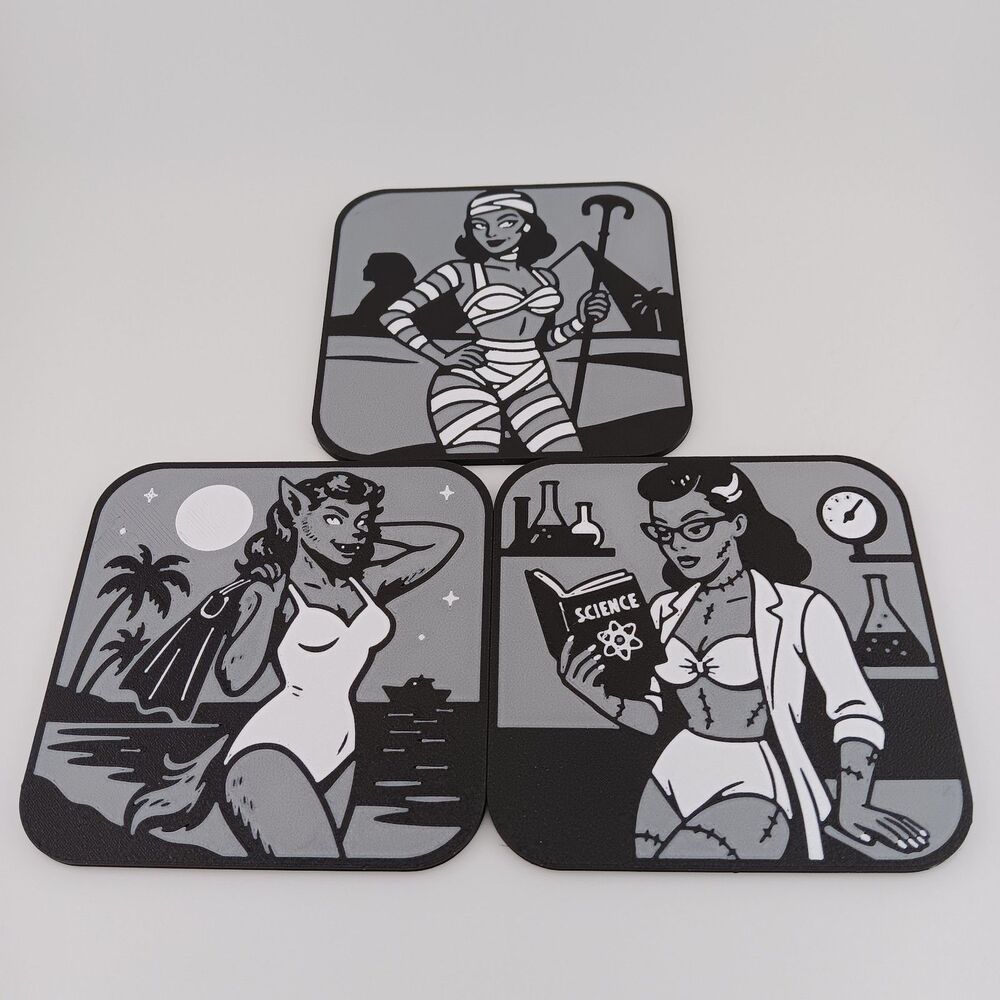 3D Printed Pin-Up Movie Monster Halloween Coasters - Set of 3 - Silver Screen